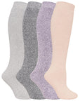Ladies 4 Pack Wool Blend Long Wellington Boot Socks, Women's Welly Socks- Assorted Colours (Cream, Purple, Dark Grey and Light Grey)