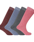 Ladies 4 Pack Wool Blend Long Wellington Boot Socks, Women's Welly Socks- Assorted Colours (Red, Green, Blue and Wine Red)