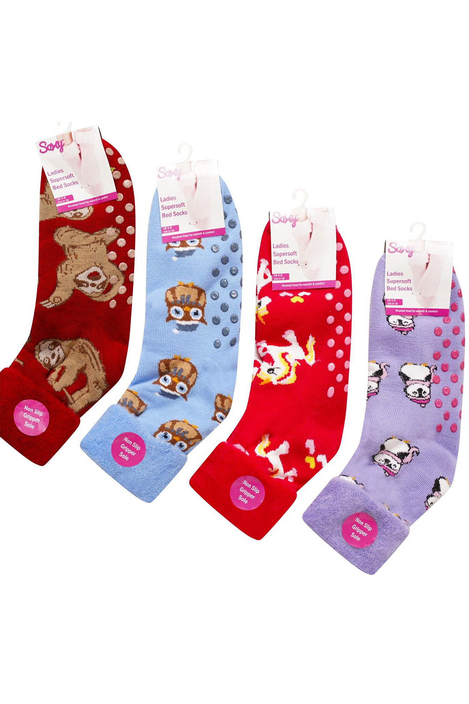 Ladies 4 Pack Super Soft Bed Socks, Fleece Lined Brushed Thermal - Animal Print