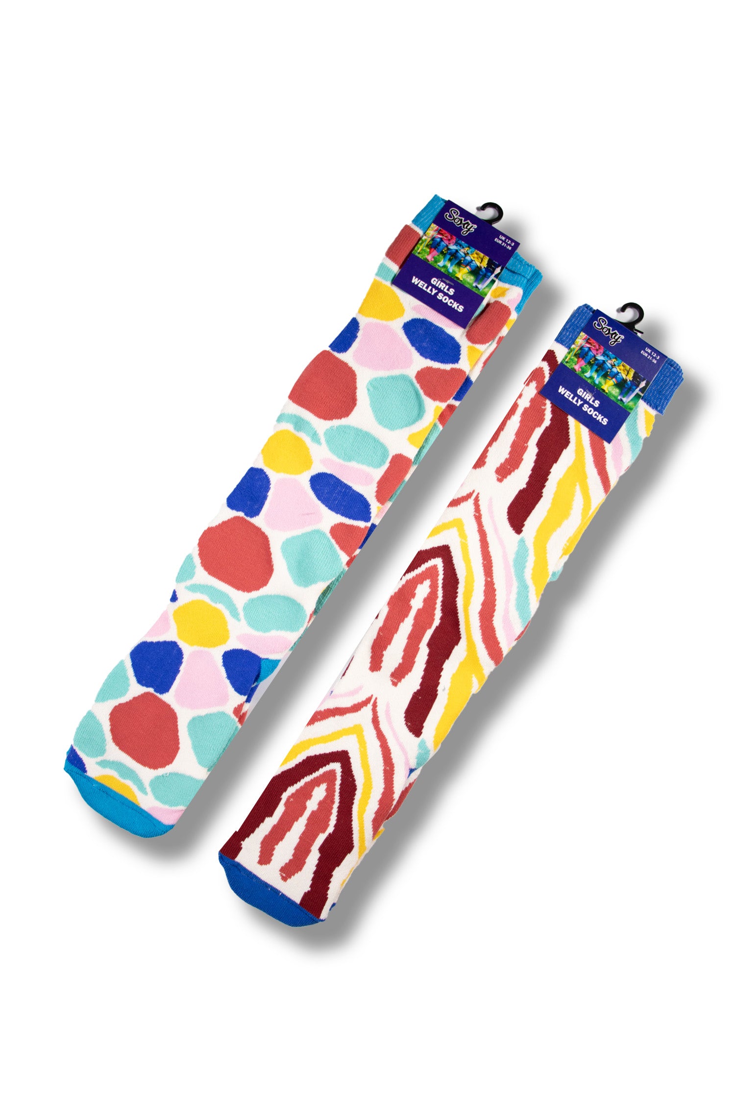 Kids 6 Pack Thermal Wellington Boot Socks Assorted Fun Animal Stripe Designs Soxy