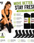 Ladies 6 Pack Calf Size Bamboo Organic Cotton, Sport Socks, Anti Bacterial - Black