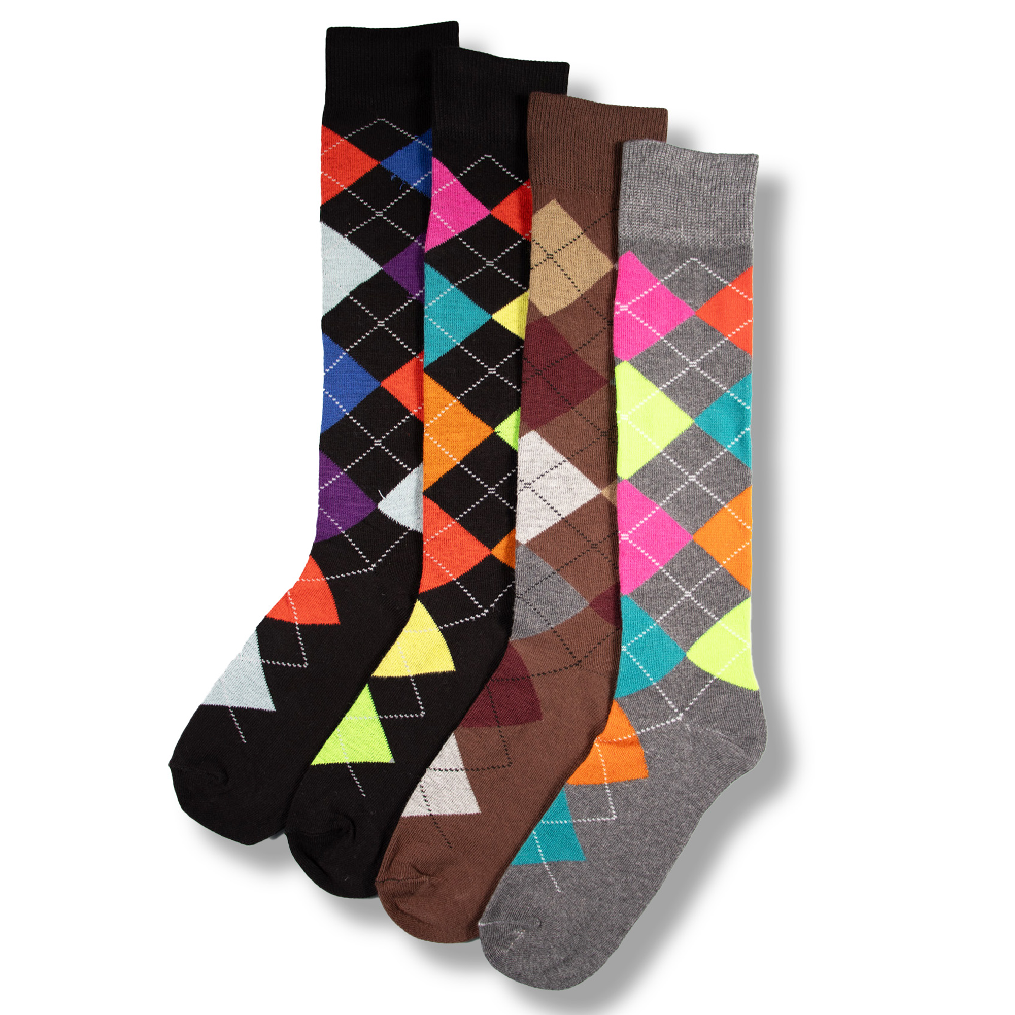 Mens 4 Pack Knee High Long Hose Argyle Socks - Assorted Colours