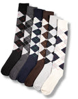 Mens 6 Pack Knee High Long Hose Argyle Socks - Assorted Colours (Greys, Brown and Creams)