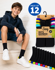 Kids 12 Pack Bamboo Socks, Anti Bacterial and Breathable - Black Socks with Colour Heel and Toe