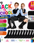 Kids 12 Pack Ribbed Cotton Rich Plain School Socks - Black