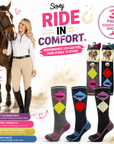 Ladies 3 Pack Equestrian Socks - Performance Riding Socks Horse Argyle Design - Walking, Country, Riding Boot Socks