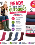 Ladies 4 Pack Wool Blend Long Wellington Boot Socks, Women's Welly Socks- Assorted Colours (Red, Green, Blue and Wine Red)