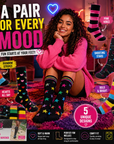 Ladies 5 Pack Wellington Boot Socks, Thermal - Hearts, Stars and Stripe Patterns
