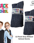 Kids 12 Pack Ribbed Cotton Rich Plain School Socks - Grey