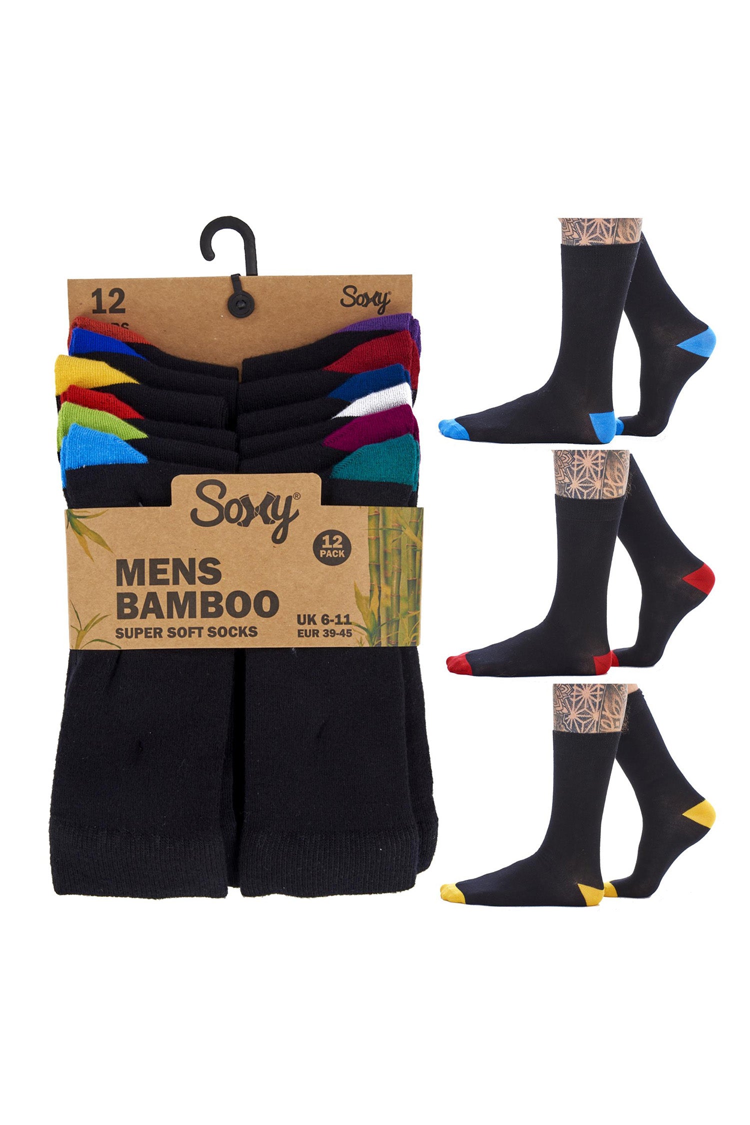 Mens Bamboo Dress Socks, Calf Size, Anti Bacterial Socks - Black Socks with Colour Heel and Toe (12 Pack)