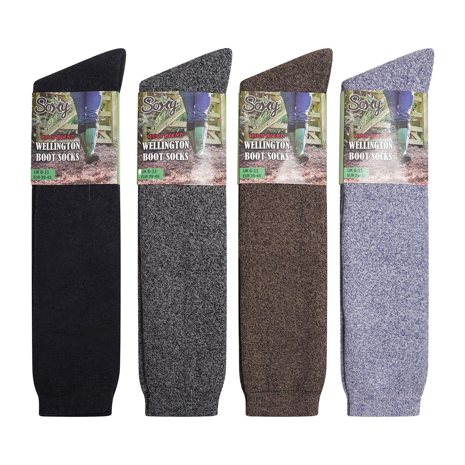 Mens 4 Pack Thermal Wool Blend Long Wellington Boot Socks - Assorted Colours (Blue, Black, Grey and Brown)