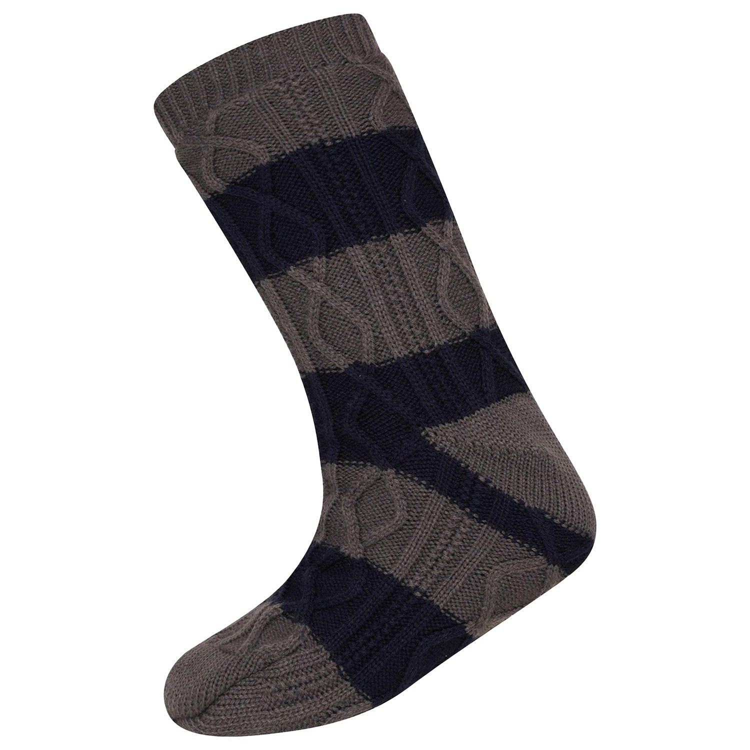 Mens Slipper Socks, Sherpa Lined with Anti Slip Grippers - Navy/Grey