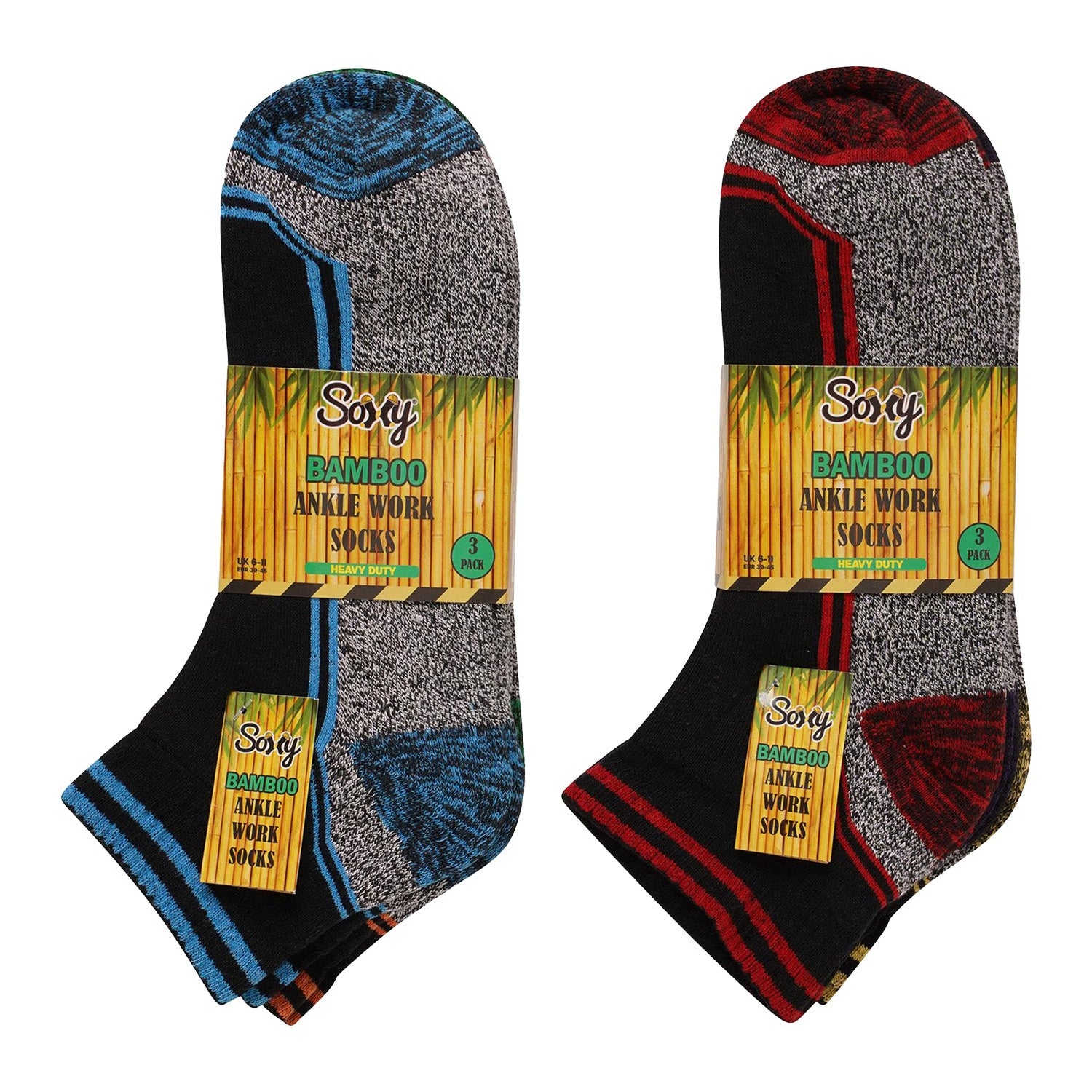 Mens 6 Pack Bamboo Ankle Work Socks, Anti Sweat Breathable, Suitable for Diabetics - Black Socks with Assorted Colour Trims