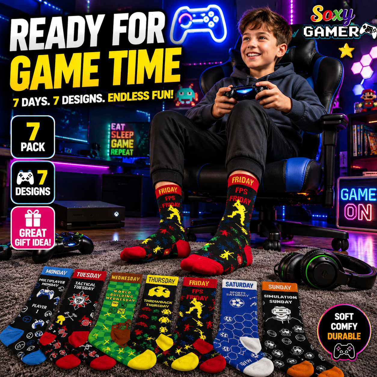 Mens 7 Pack Socks - Days of the Week and Gaming Novelty Design - Cotton Rich