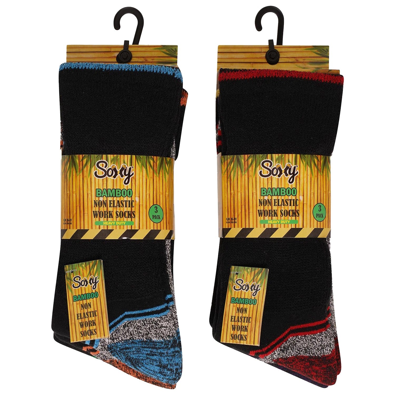 Mens 6 Pack Non Elastic Bamboo Mid Calf Work Socks, Anti Sweat Breathable, Suitable for Diabetics - Black Socks with Assorted Colour Trims