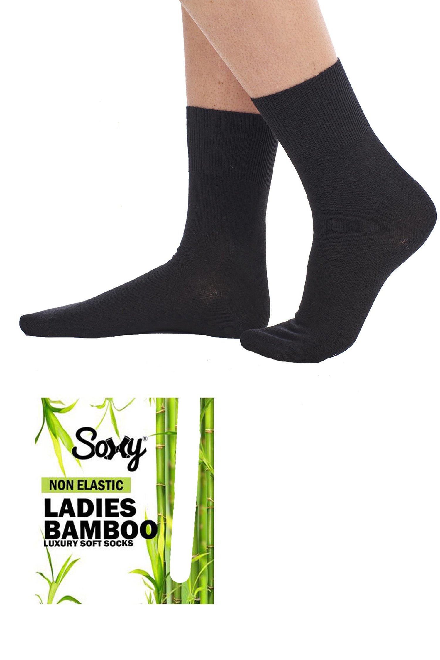 Ladies Bamboo Socks, Mid Calf, Non Elastic Anti Bacterial Socks - Black (12 Pack)