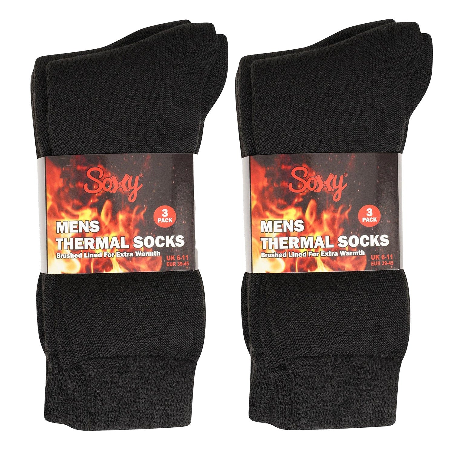 Mens 6 Pack Brushed Thermal Socks - Black