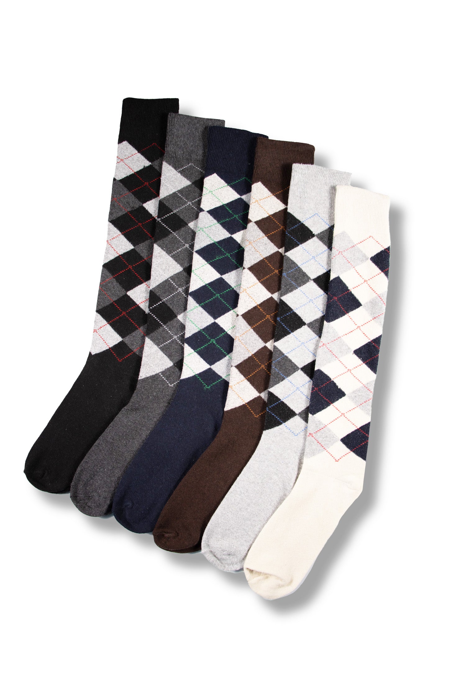 Mens Knee High Long Hose Argyle Socks - Assorted Colours (Greys, Brown and Creams) (4 Pack)