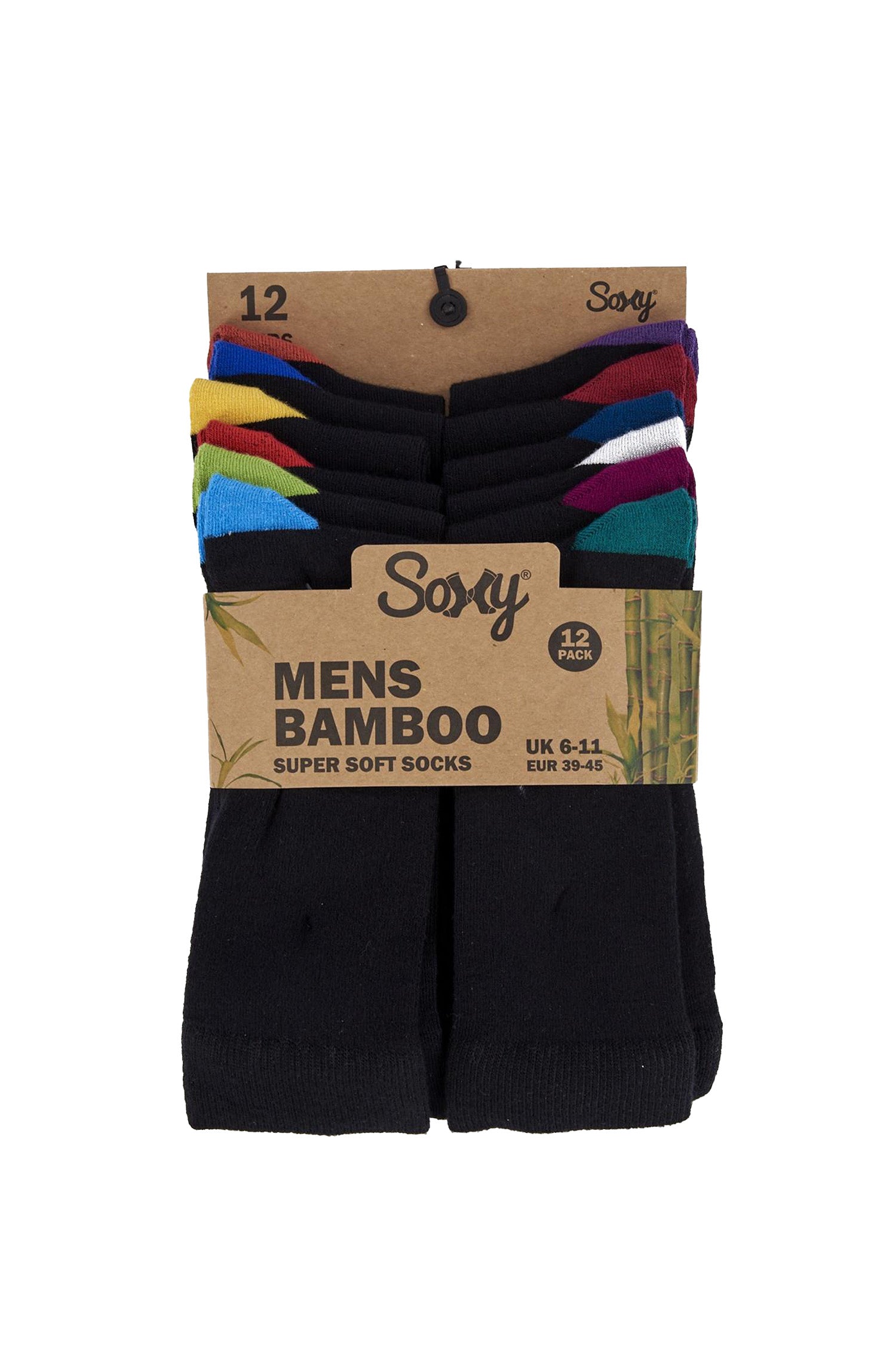 Mens Bamboo Dress Socks, Calf Size, Anti Bacterial Socks - Black Socks with Colour Heel and Toe (12 Pack)