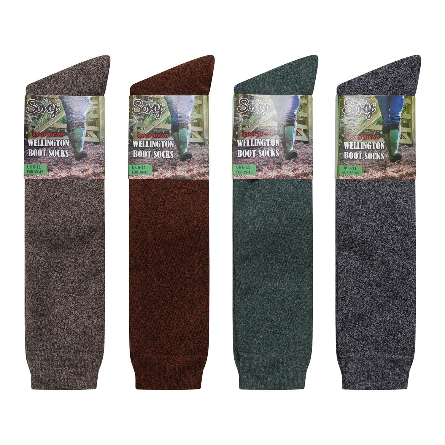 Mens 4 Pack Thermal Wool Blend Long Wellington Boot Socks - Assorted Colours (Red, Dark Green, Dark Grey and Brown)