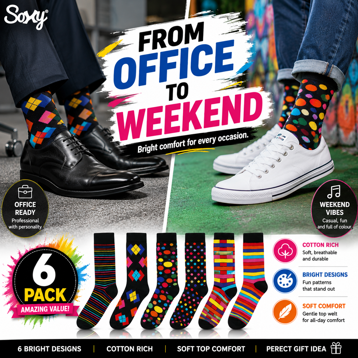 Mens 6 Pack Cotton Rich Bright Design Socks UK 6-11
