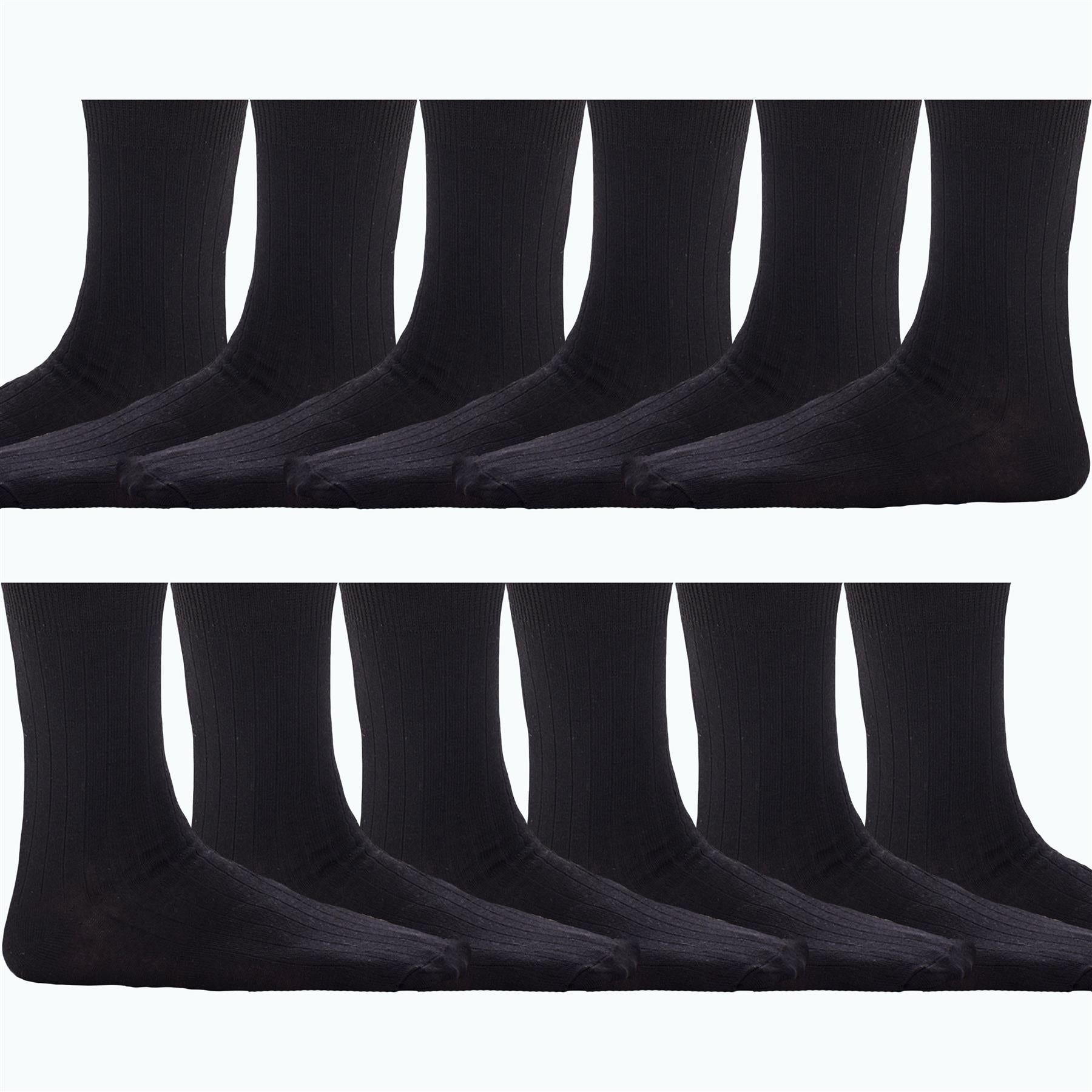 Kids 12 Pack Ribbed Cotton Rich Plain School Socks - Black