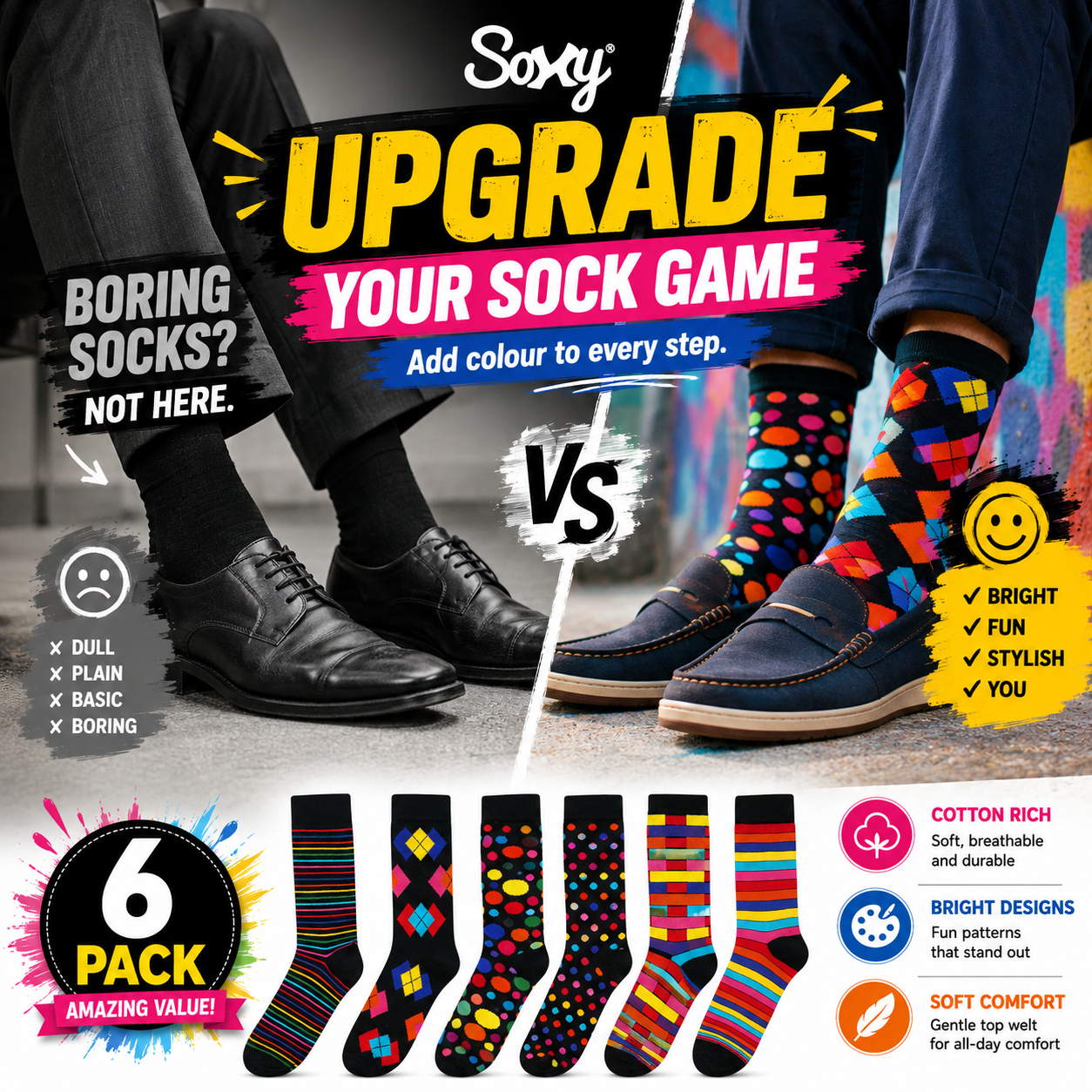 Mens 6 Pack Cotton Rich Bright Design Socks UK 6-11