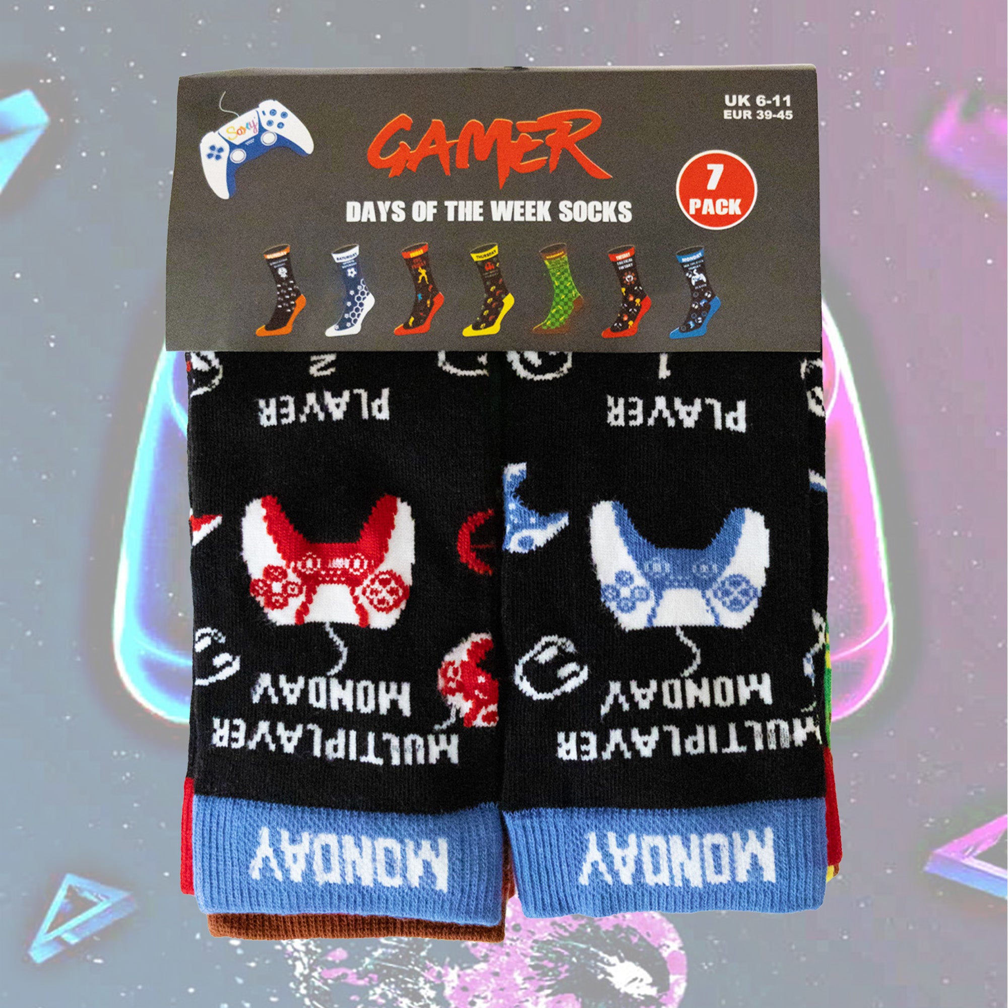 Mens 7 Pack Socks - Days of the Week and Gaming Novelty Design - Cotton Rich