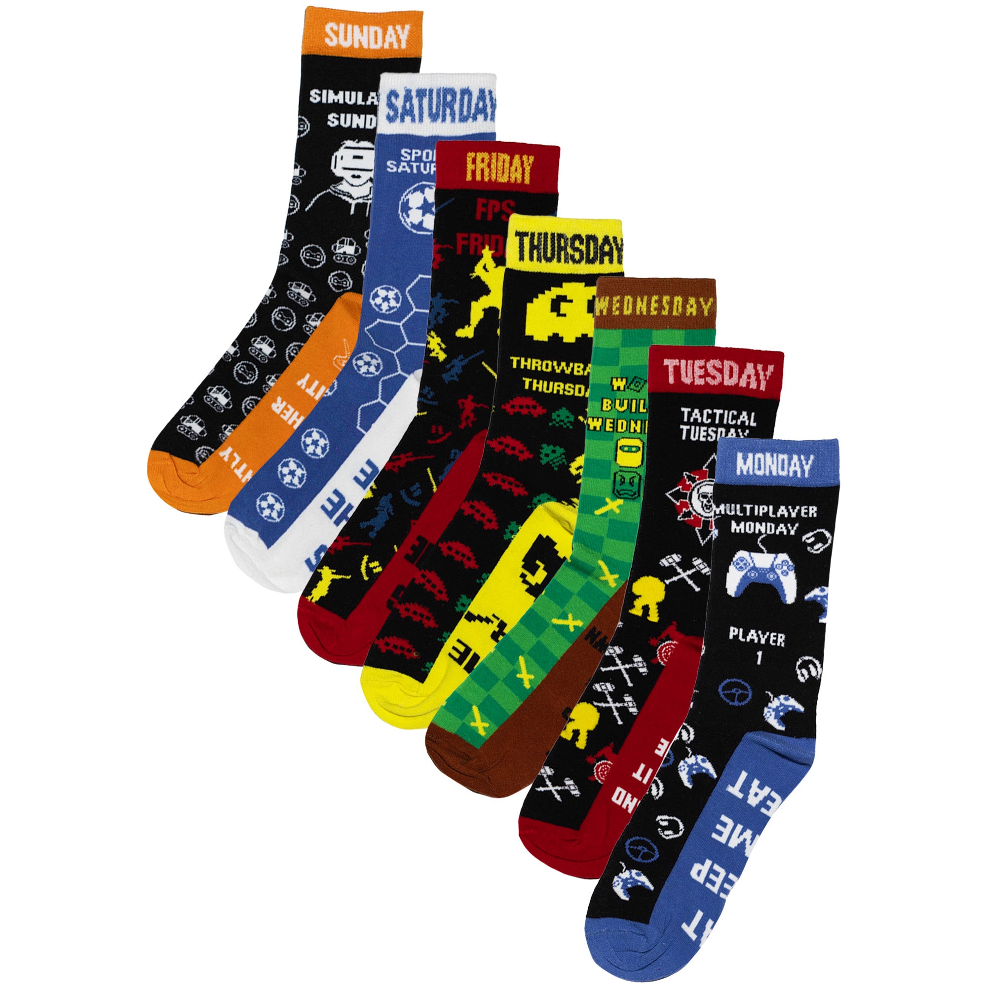 Mens 7 Pack Socks - Days of the Week and Gaming Novelty Design - Cotton Rich