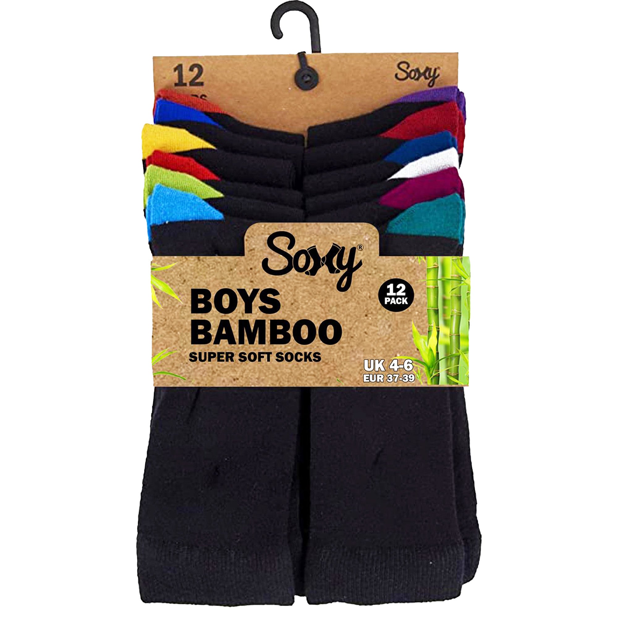 Kids 12 Pack Bamboo Socks, Anti Bacterial and Breathable - Black Socks with Colour Heel and Toe
