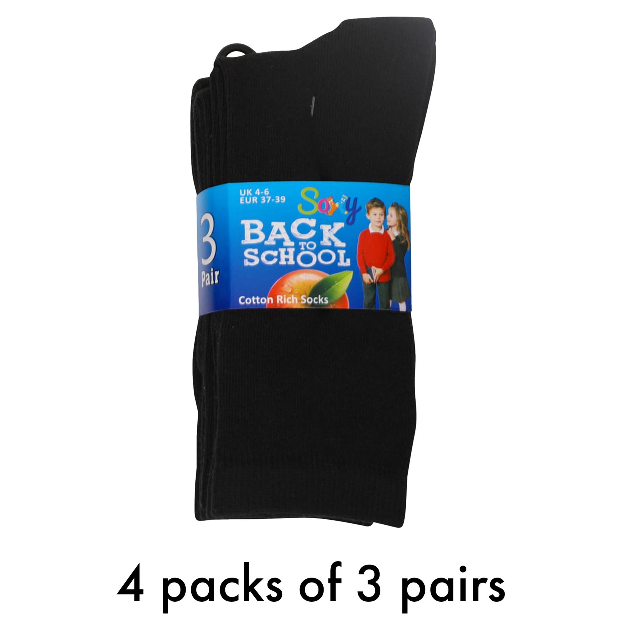 Kids 12 Pack Ankle Cotton Rich Plain School Socks - Black