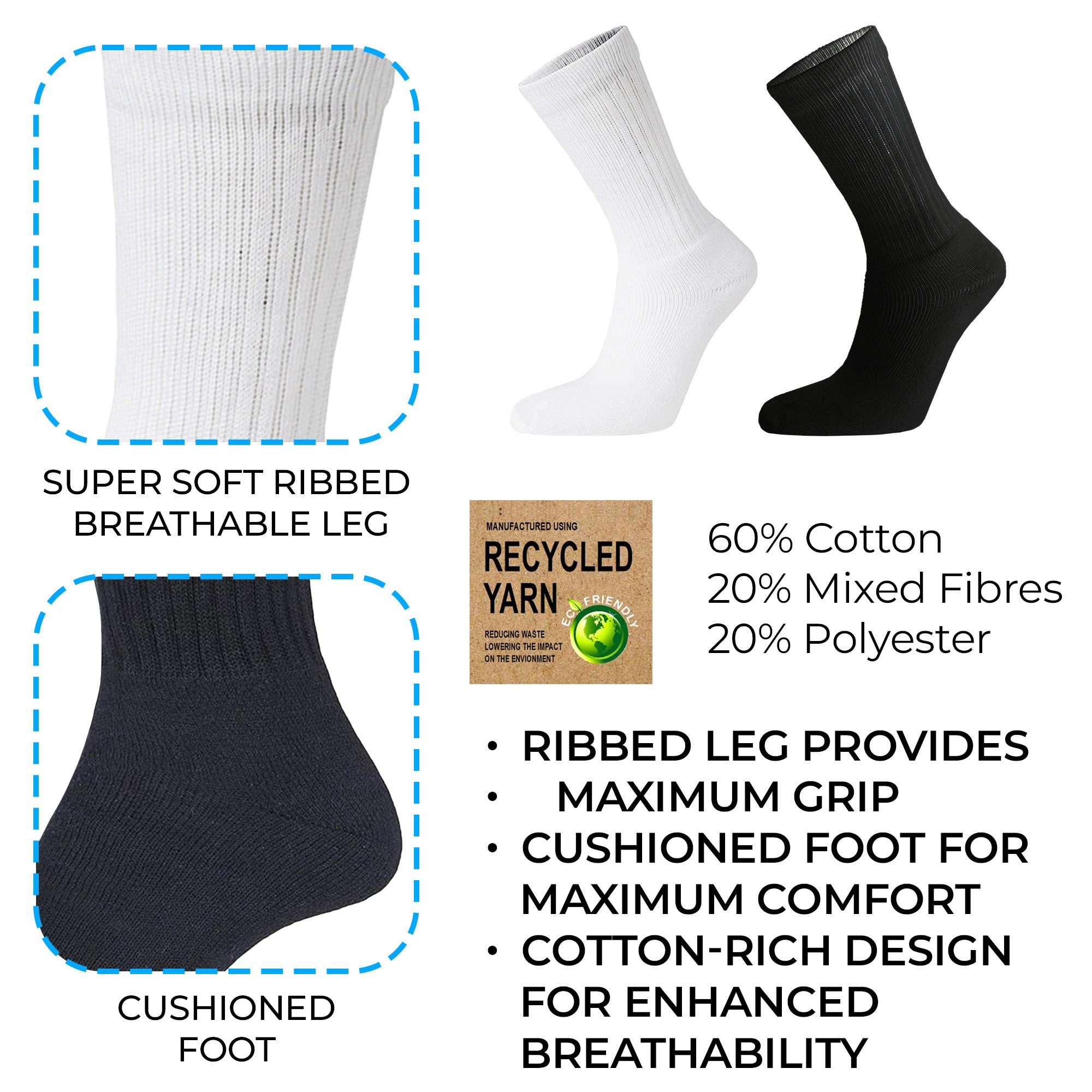 Mens 12 Pack Cotton Rich Sport and Work Socks Work Socks - Black, White and Mix
