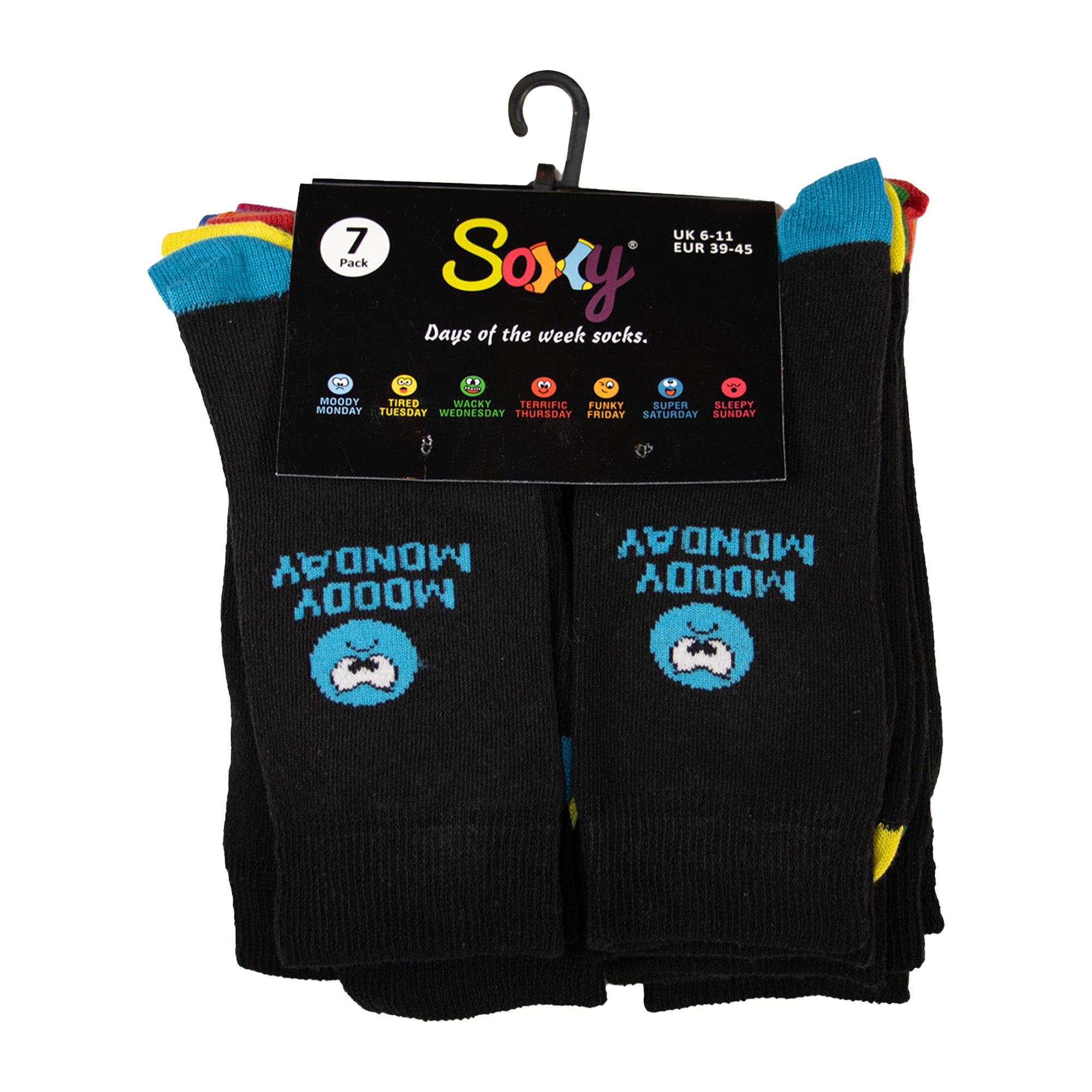 Mens 7 Pack Mood of the Week Novelty Socks - Black with Assorted Heel and Toes