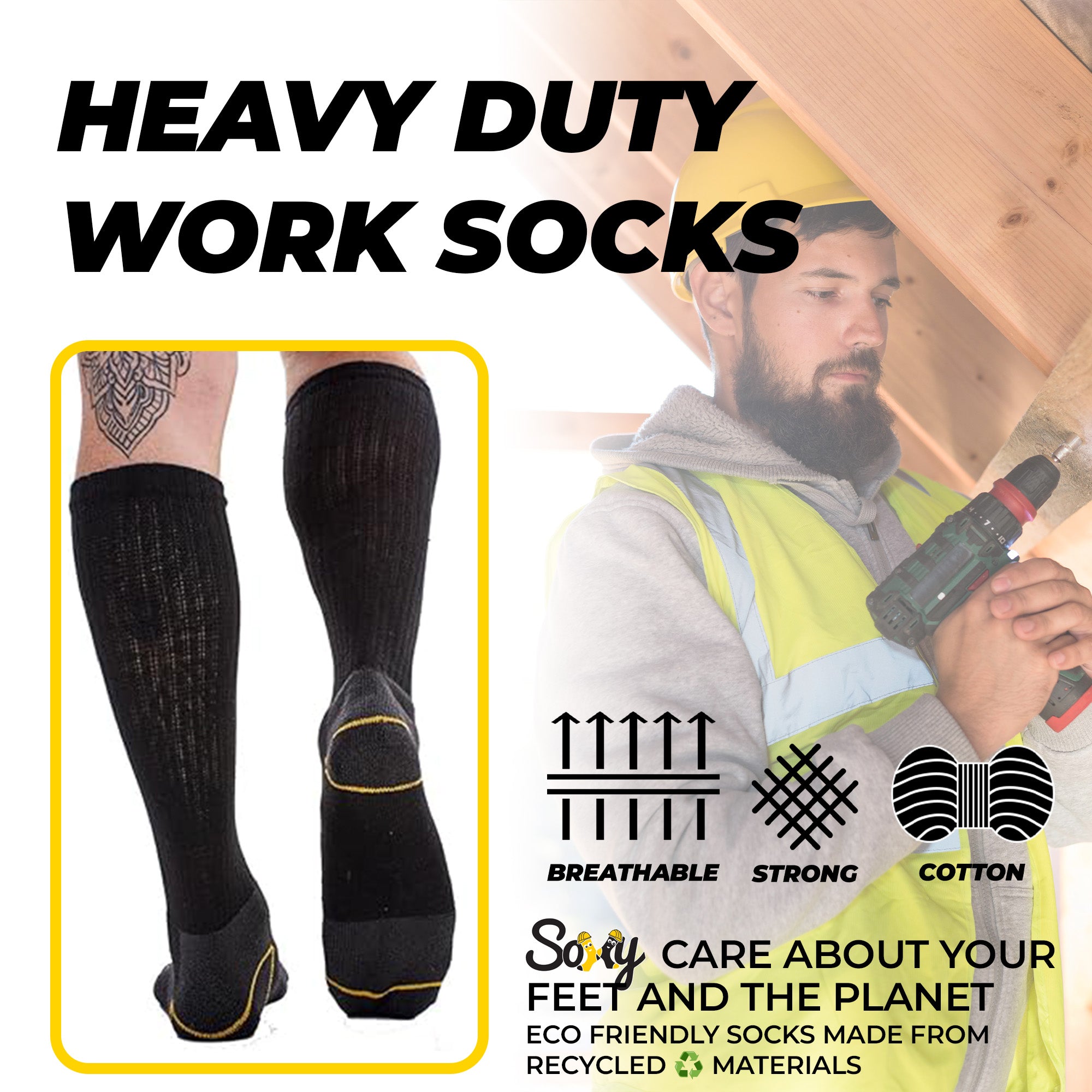 Mens 6 and 12 Pack Heavy Duty Extra Long Work Socks, Safety/Steel Toe Boot Socks - Black