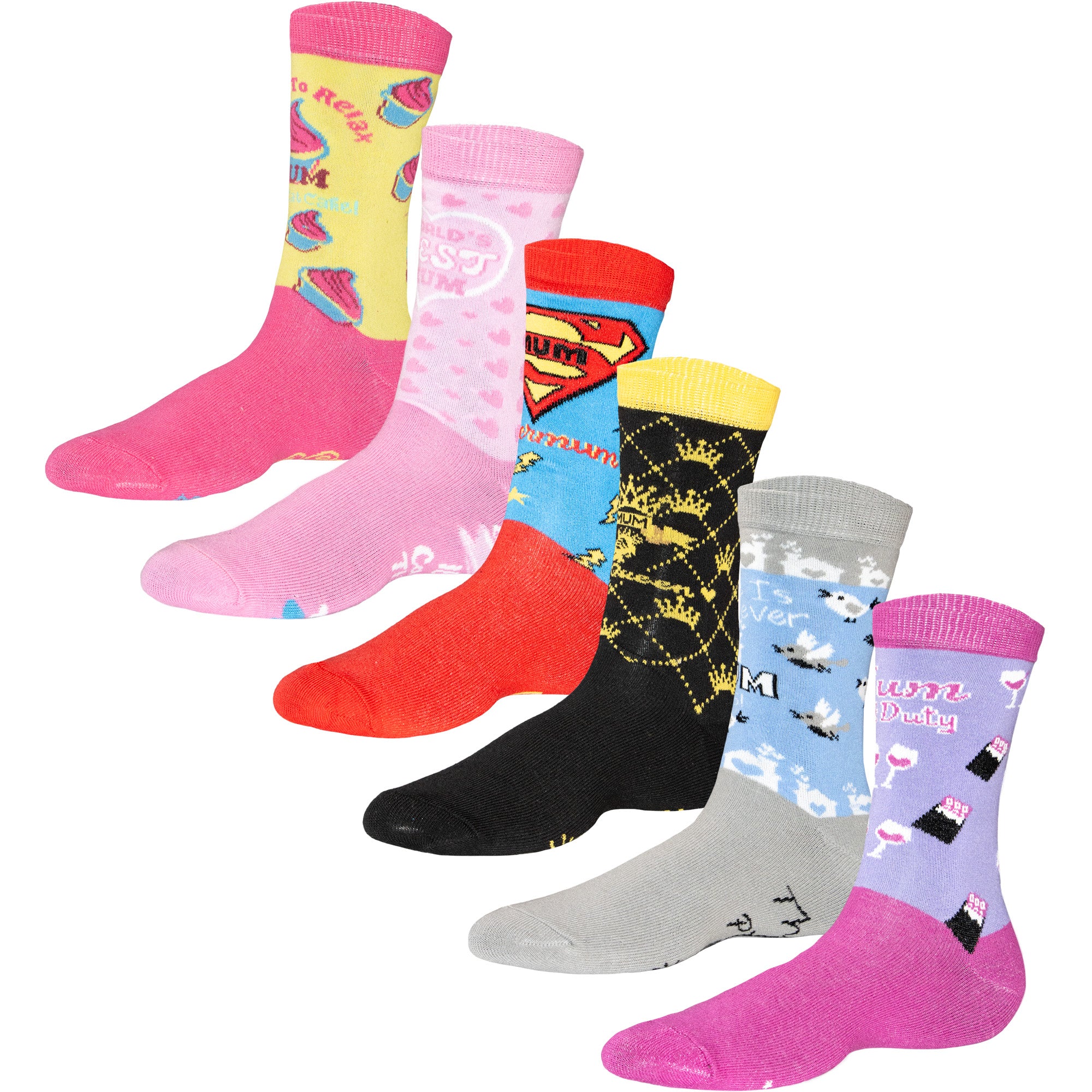 Ladies 6 Pack Mothers Day Mum Socks - Mum Themed Fun Designs - Combed Cotton Rich