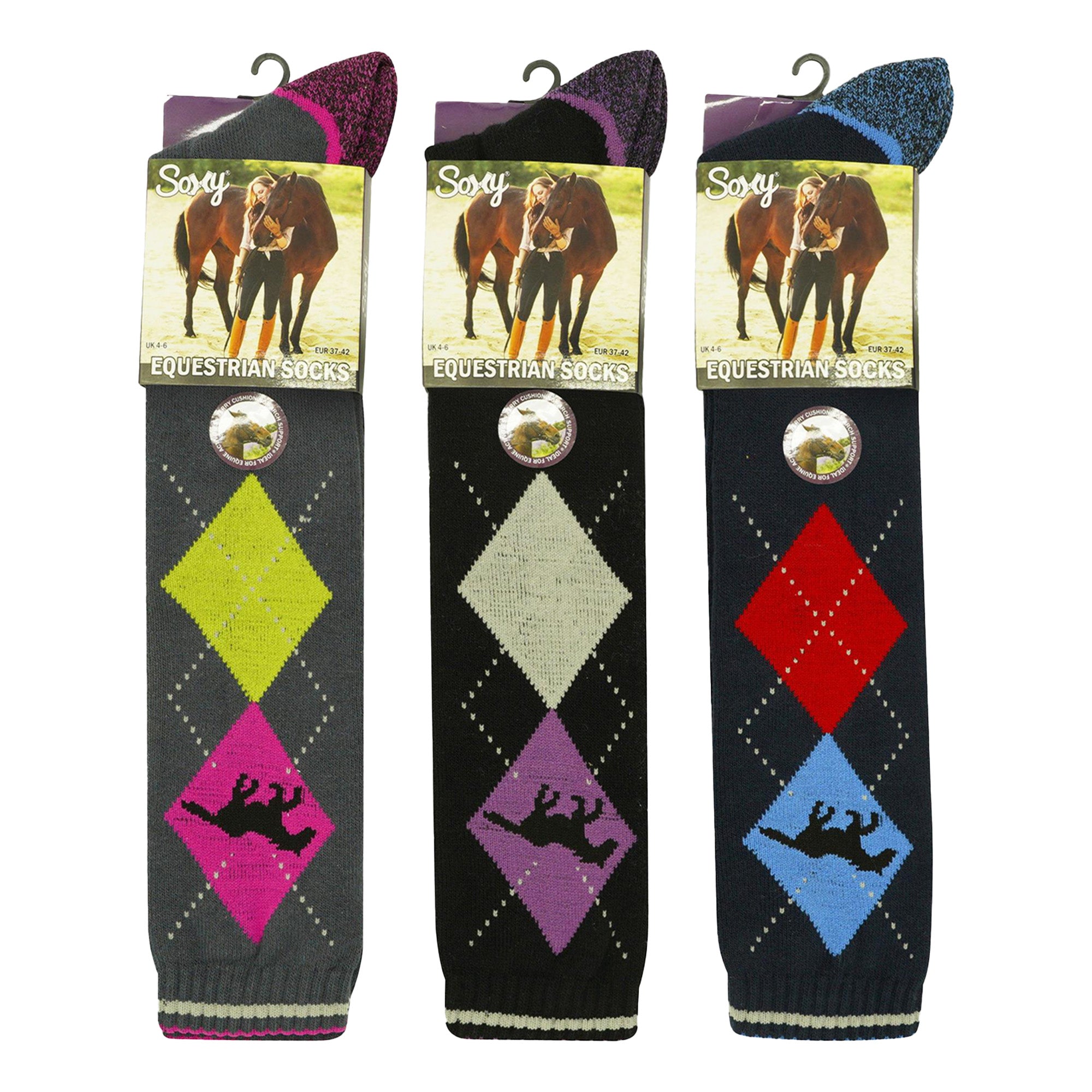 Ladies 3 Pack Equestrian Socks - Performance Riding Socks Horse Argyle Design - Walking, Country, Riding Boot Socks
