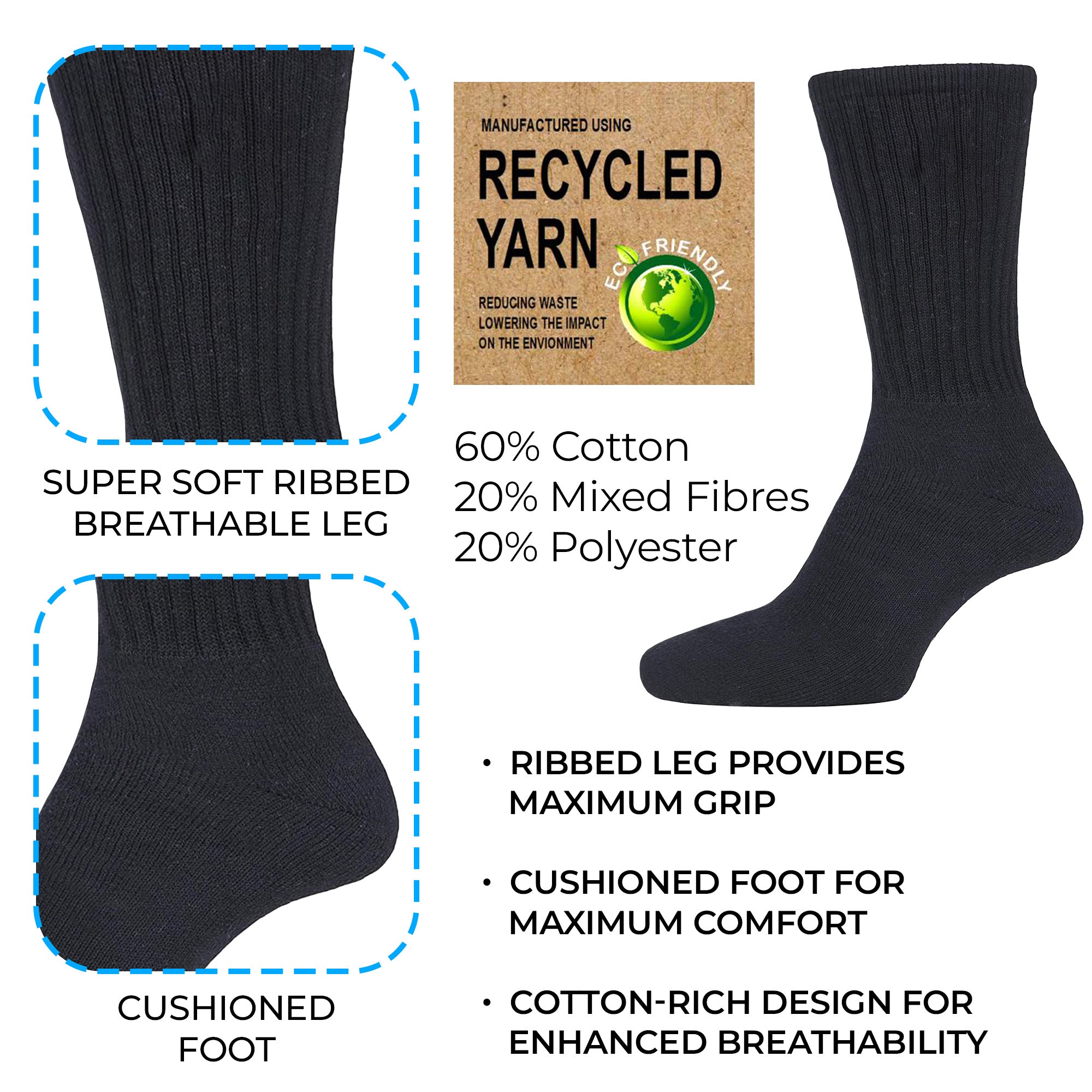 Mens 20 Pack Cotton Rich Sport And Work Socks - Black and White
