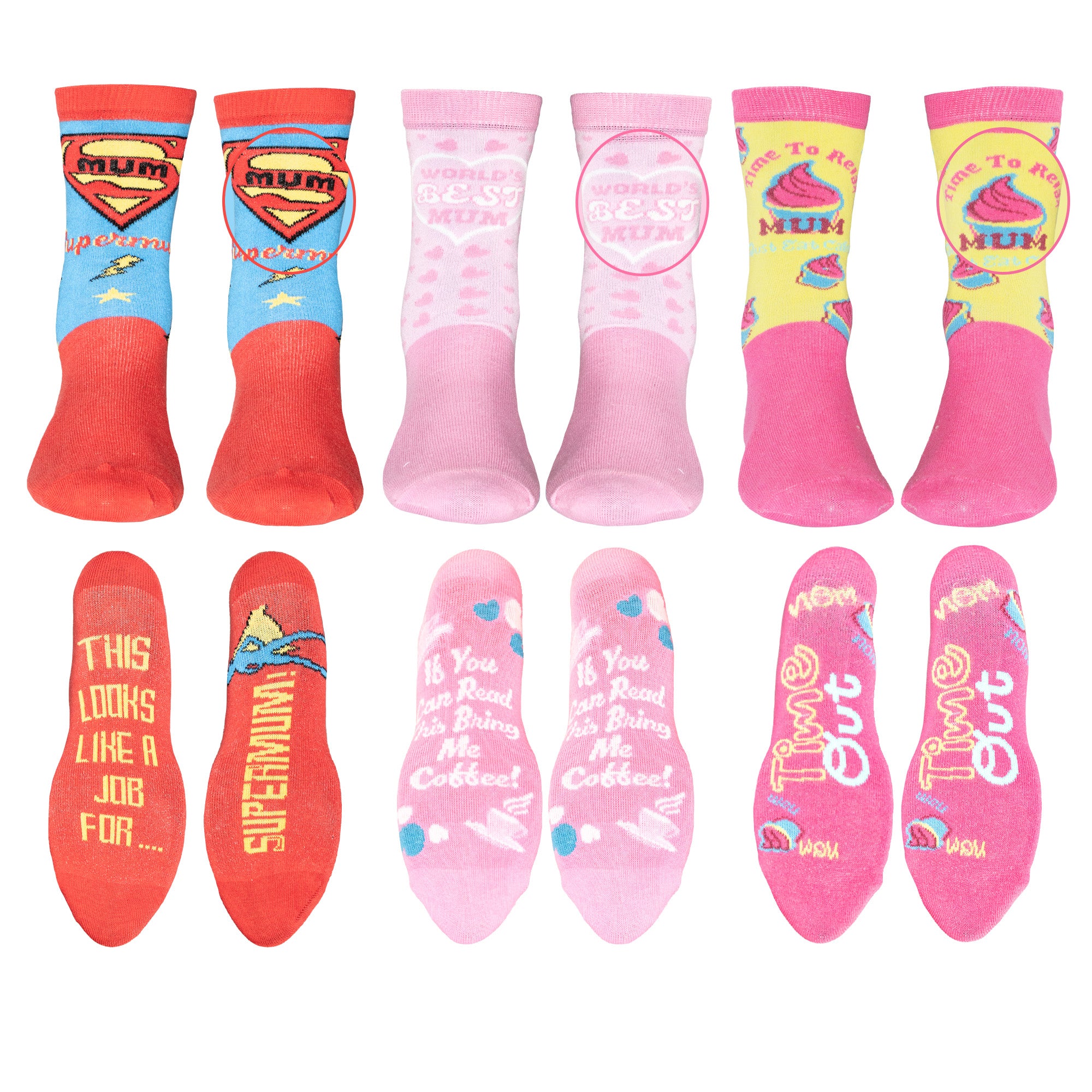Ladies 6 Pack Mothers Day Mum Socks - Mum Themed Fun Designs - Combed Cotton Rich