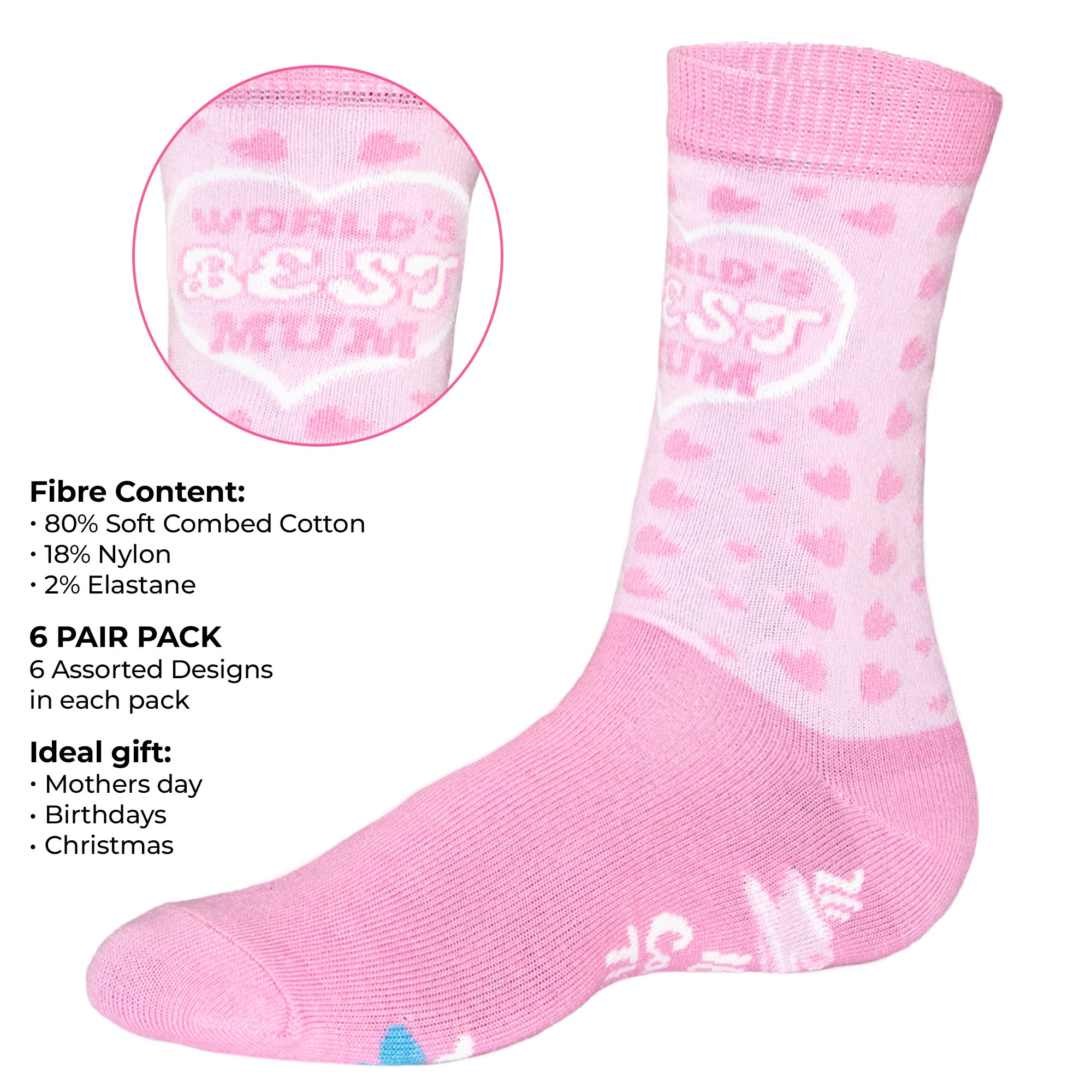 Ladies 6 Pack Mothers Day Mum Socks - Mum Themed Fun Designs - Combed Cotton Rich