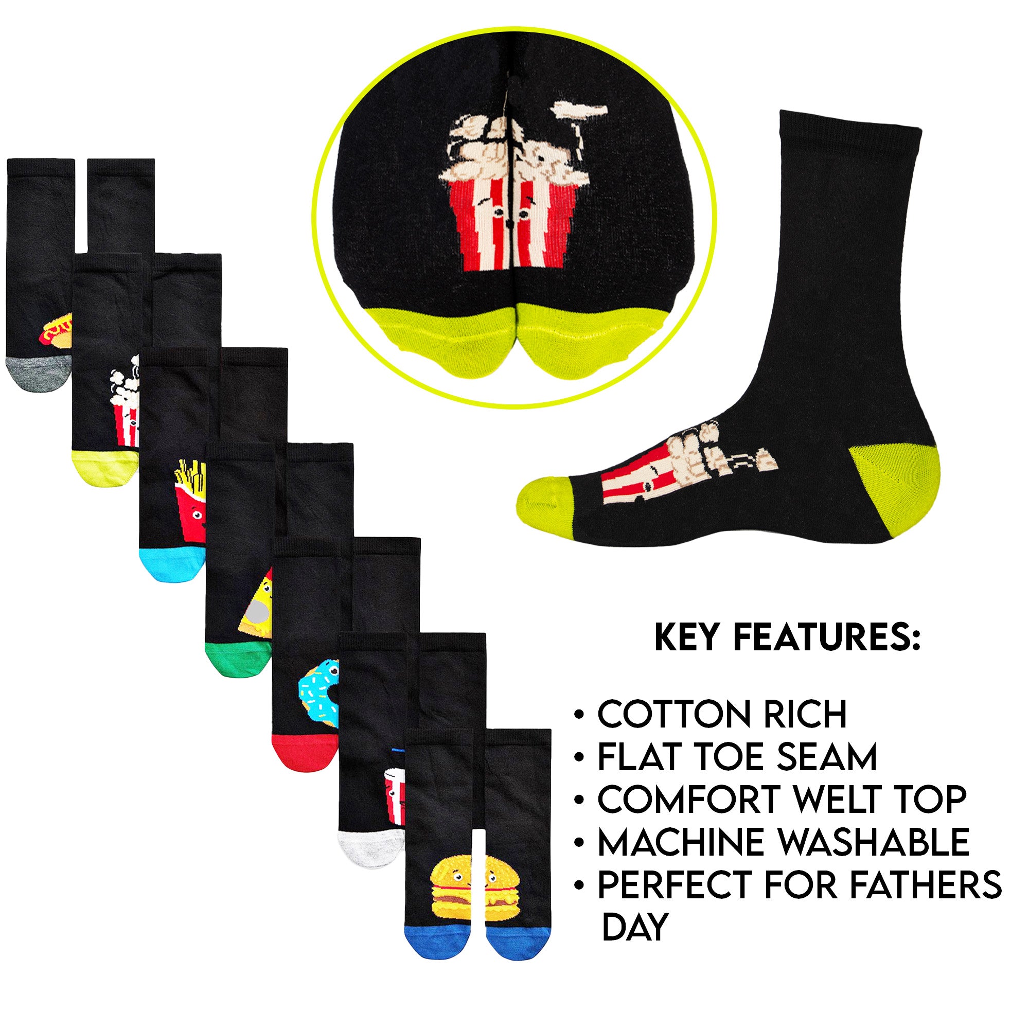 Mens 7 Pack Novelty Socks Cotton Rich Dad Gift - Fast Food Socks