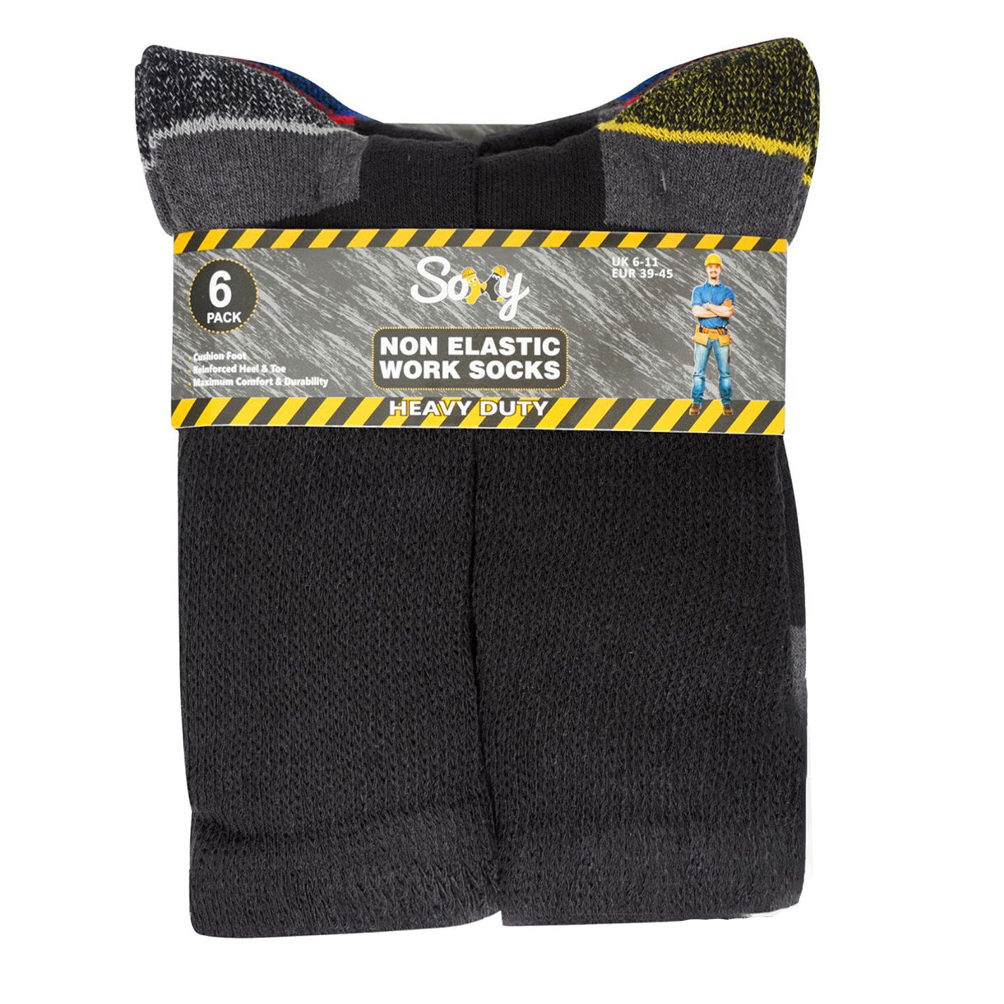 Mens 6 Pack Heavy Duty Non Elastic Work Socks, Safety/Steel Toe Boot Socks - Black