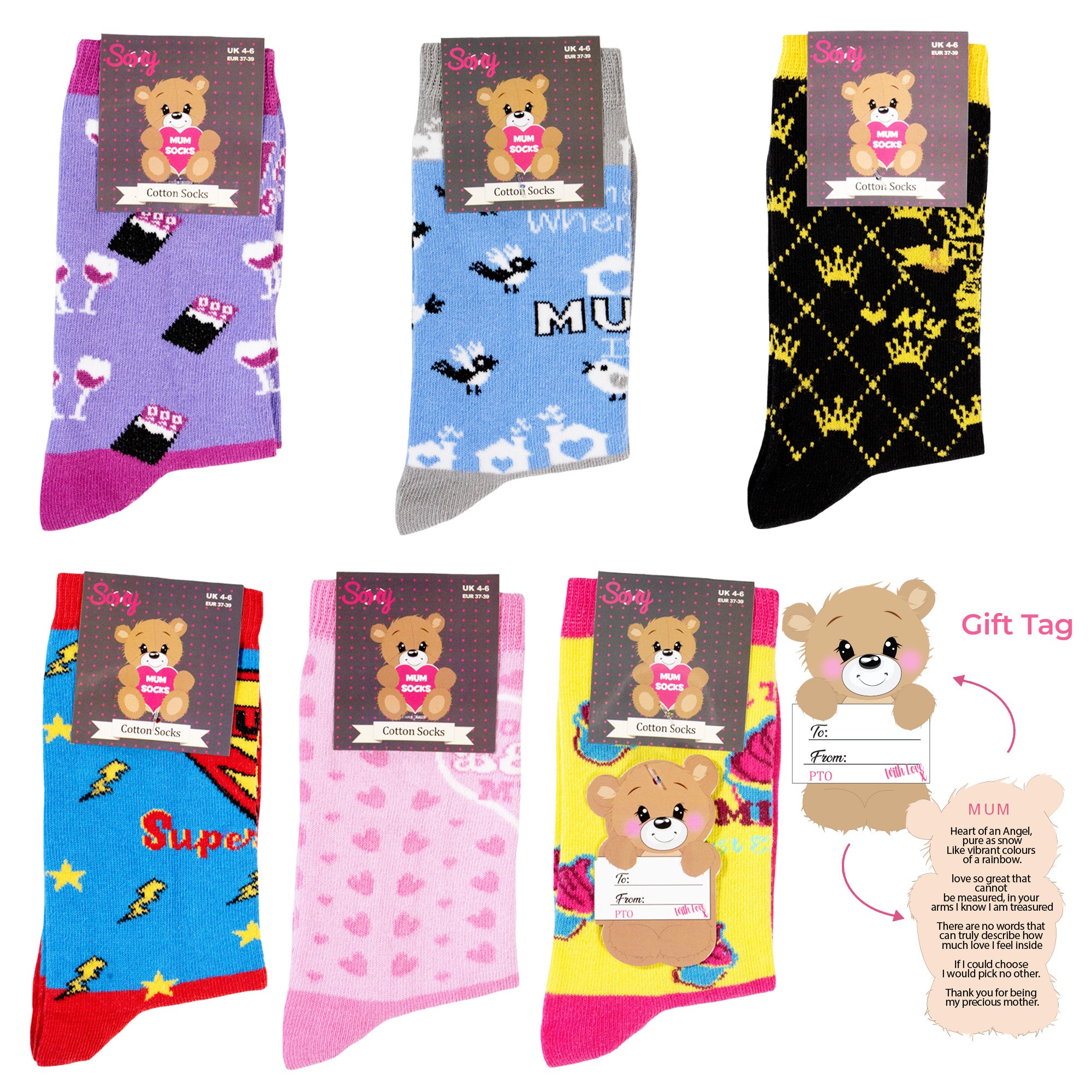 Ladies 6 Pack Mothers Day Mum Socks - Mum Themed Fun Designs - Combed Cotton Rich
