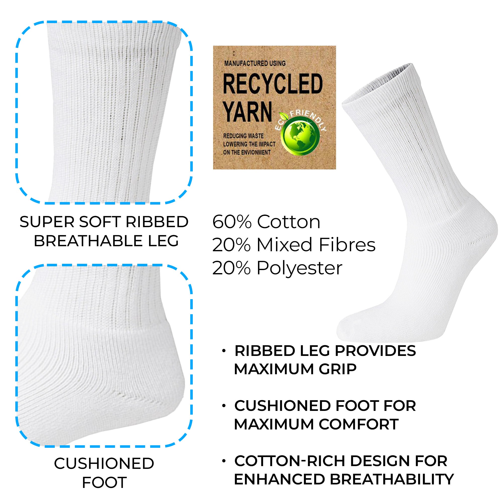 Mens 12 Pack Cotton Rich Sport Socks Work Socks Big Foot - Black and White (UK 12-14)