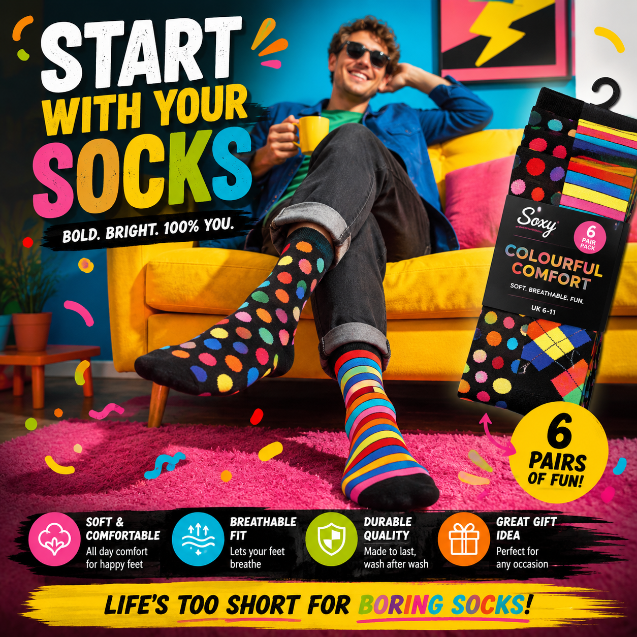 Mens 6 Pack Cotton Rich Bright Design Socks UK 6-11