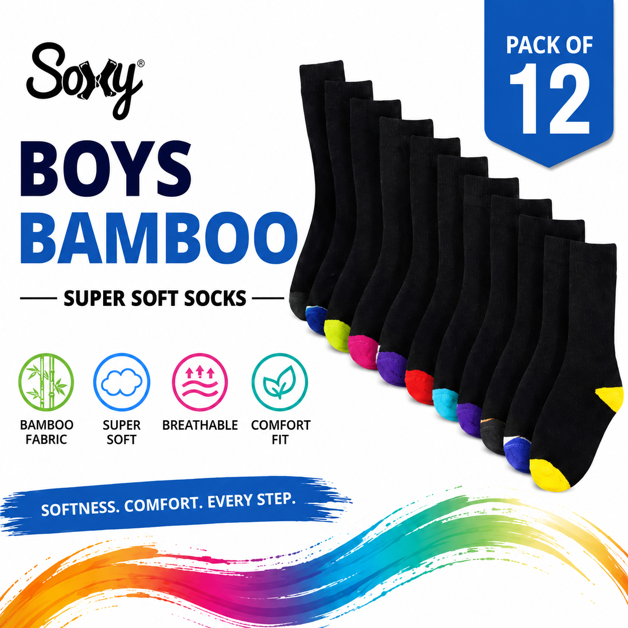 Kids 12 Pack Bamboo Socks, Anti Bacterial and Breathable - Black Socks with Colour Heel and Toe