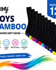 Kids 12 Pack Bamboo Socks, Anti Bacterial and Breathable - Black Socks with Colour Heel and Toe