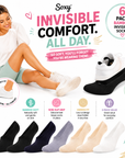 Ladies 6 Pack Bamboo Invisible Socks - Casual Low Cut Socks, Non Slip Grip Liner