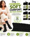 Ladies 12 Pack Bamboo Socks, Mid Calf, Non Elastic Anti Bacterial Socks - Black