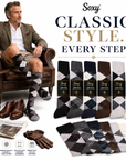 Mens 6 Pack Knee High Long Hose Argyle Socks - Assorted Colours (Greys, Brown and Creams)