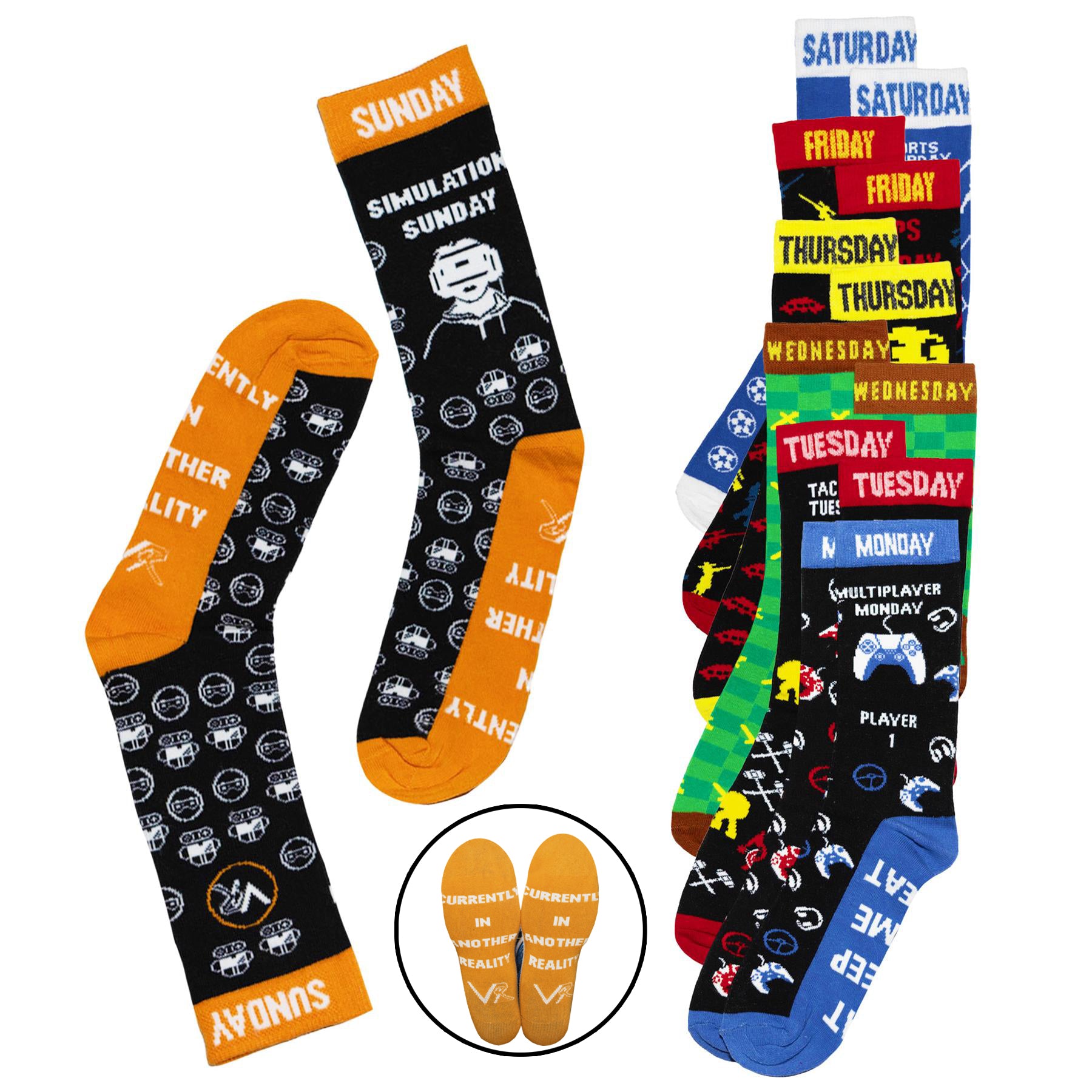 Mens 7 Pack Socks - Days of the Week and Gaming Novelty Design - Cotton Rich